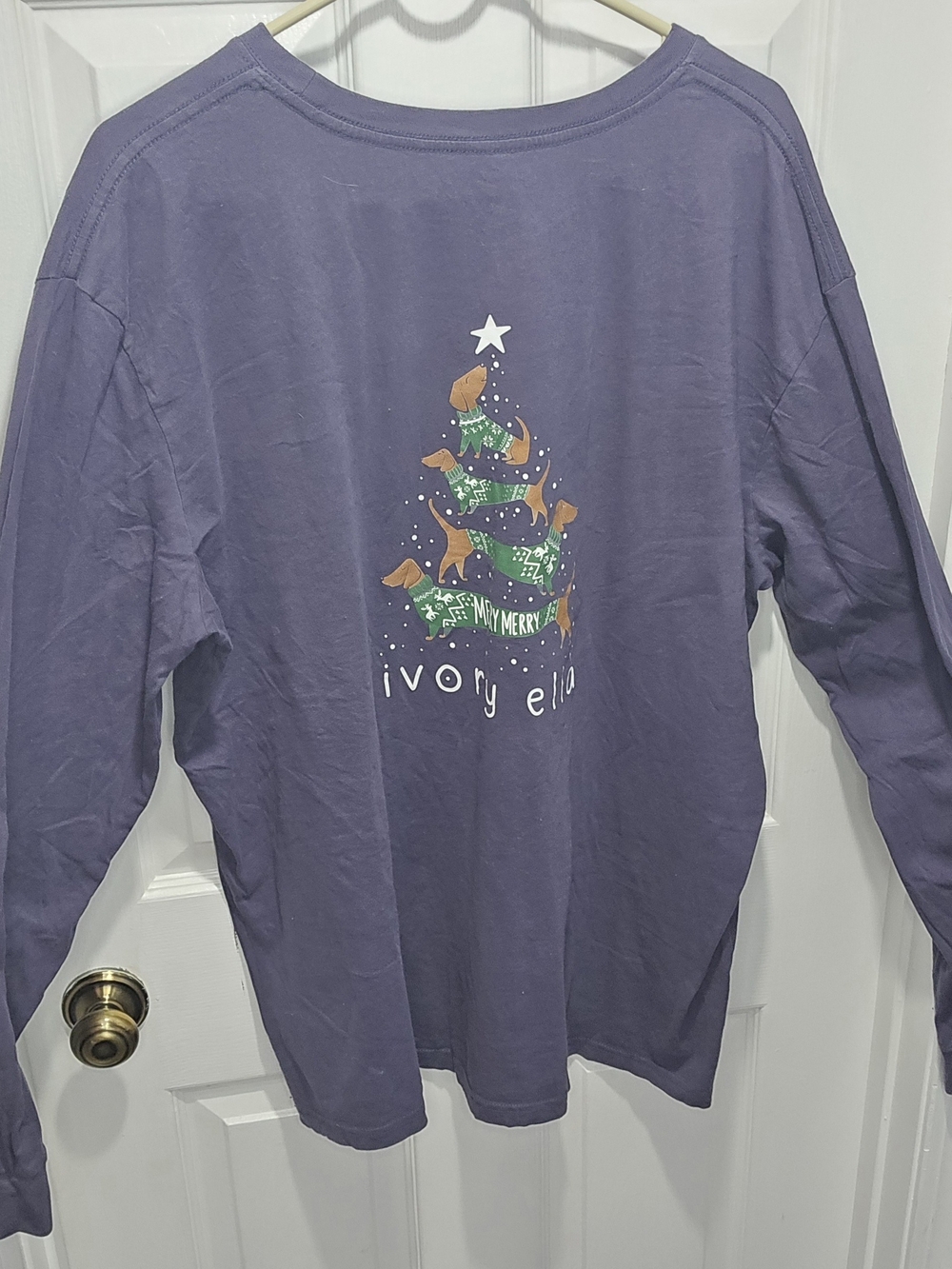 ivory ella Womans LS Shirt in A Bluish Purple With Dachsunds On The Back